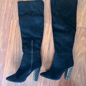 Black Heeled Boots with Textured Statement Heel